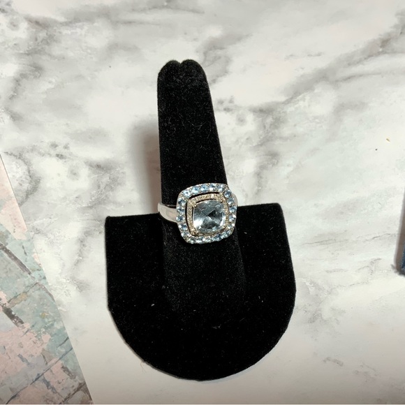 Stunning 10K Cushion-Cut Swiss Blue Topaz & Diamond Ring - Double Halo - Sz 6.75 - Picture 6 of 16